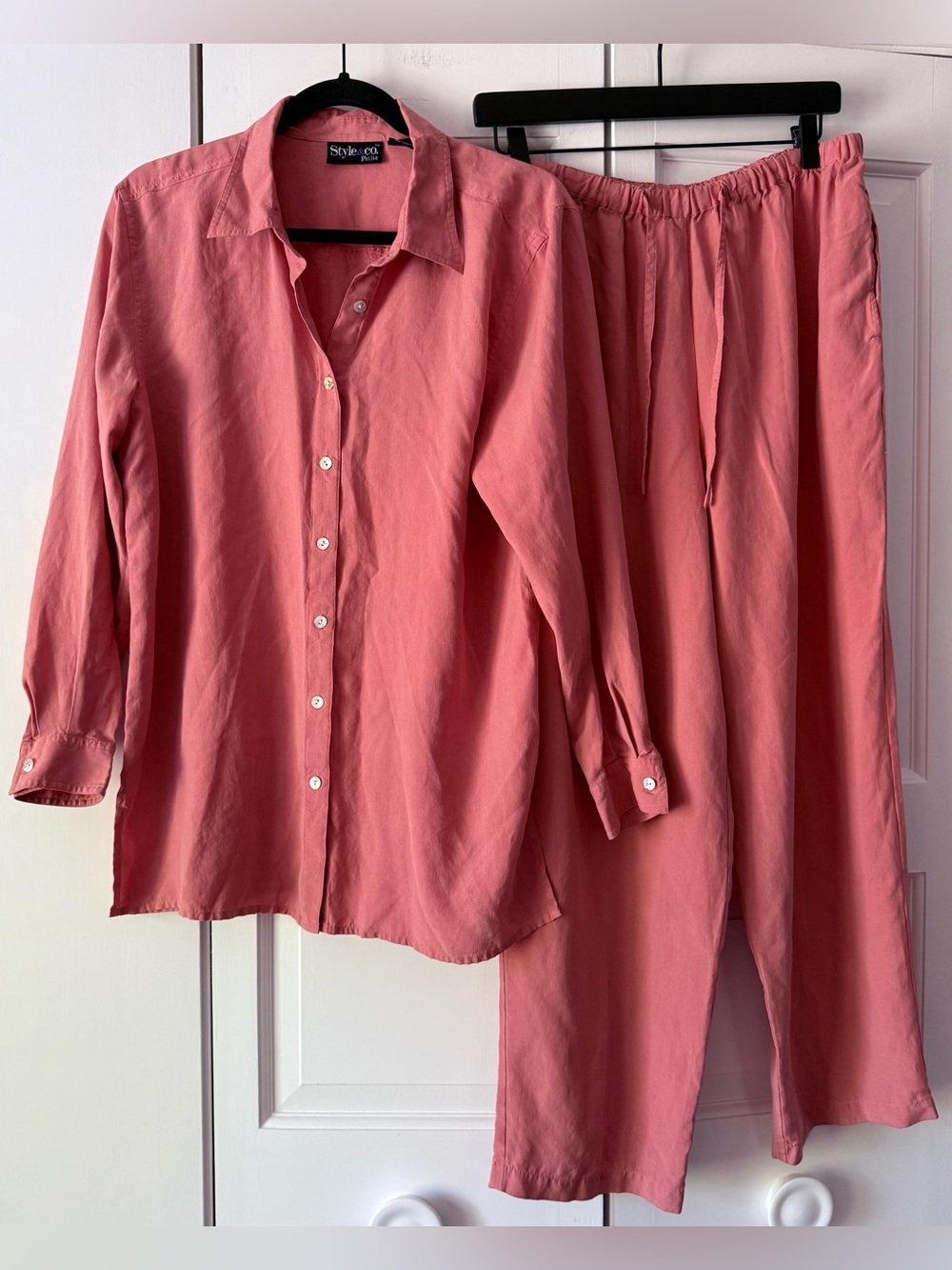 Style & Co Petite 100% Silk Lounge Set Pink Button Up Wide Leg Pants Medium